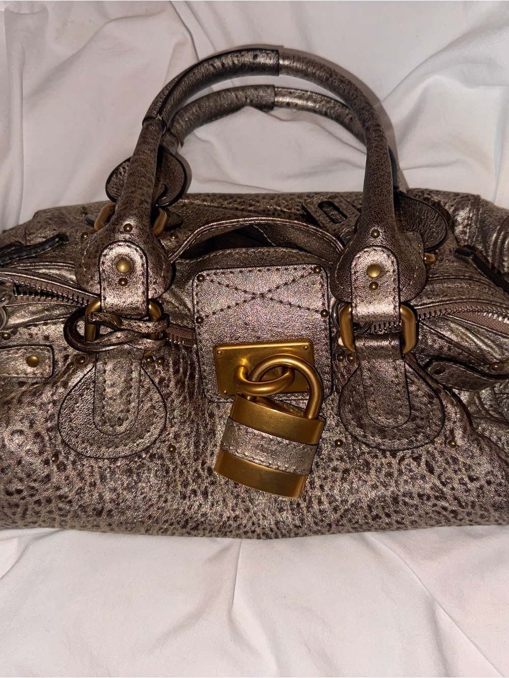 CHLOE PADDINGTON Metallic Taupe Leather Satchel Handbag with Gold Lock